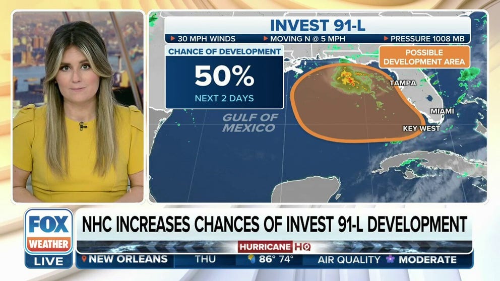 The National Hurricane Center has increased the odds of development for a tropical disturbance spinning in the Gulf of Mexico to 50% over the next several days.