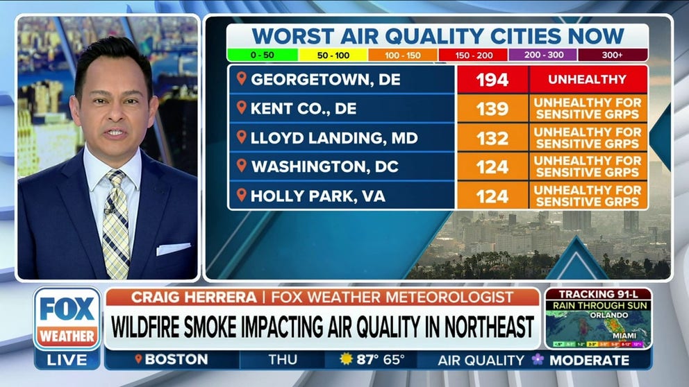 Smoke emissions from wildfires in Nova Scotia are creating poor air quality conditions in areas such as Washington, D.C., Maryland, Virginia and Delaware.