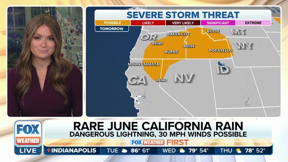 The FOX Forecast Center is tracking a stormy stretch for most of California this week. June is typically the start of the dry season for the state, but that won't be the case, as nearly a half-inch of rain could fall through Friday. While that doesn't sound like much, remember that most locations in California average very little rain in June. In addition to the rain, thunderstorms with dangerous lightning will be possible, along with wind gusts to 30 mph.