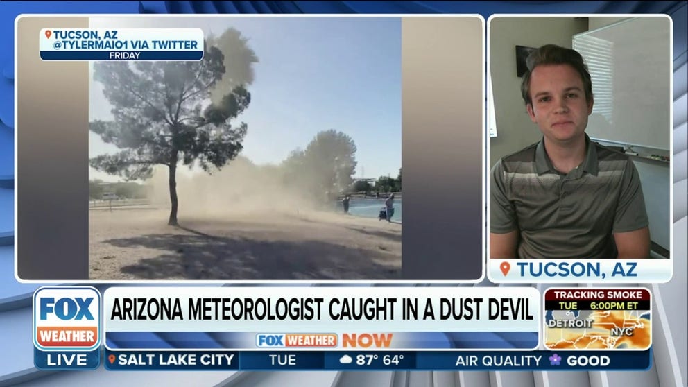 Footage shot by Arizona meteorologist Tyler Maio on Friday shows a dust devil swirling nearby and then heading straight toward him. 