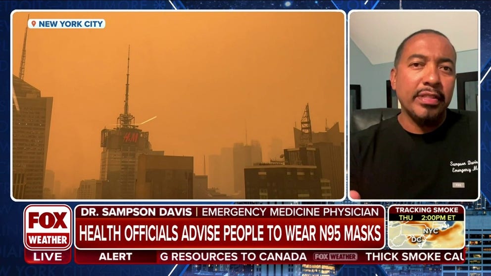 With the thick wildfire smoke overtaking parts of the East, health officials are advising people to limit their time outdoors or use an N95 mask if they have to travel. Dr. Sampson Davis joins FOX Weather to talk more on the health concerns. 