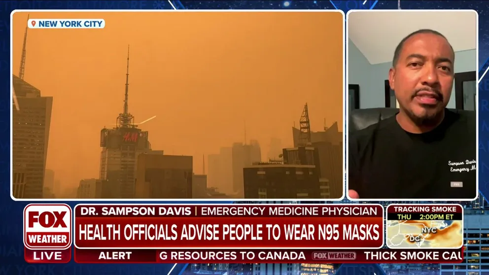 With the thick wildfire smoke overtaking parts of the East, health officials are advising people to limit their time outdoors or use an N95 mask if they have to travel. Dr. Sampson Davis joins FOX Weather to talk more on the health concerns. 