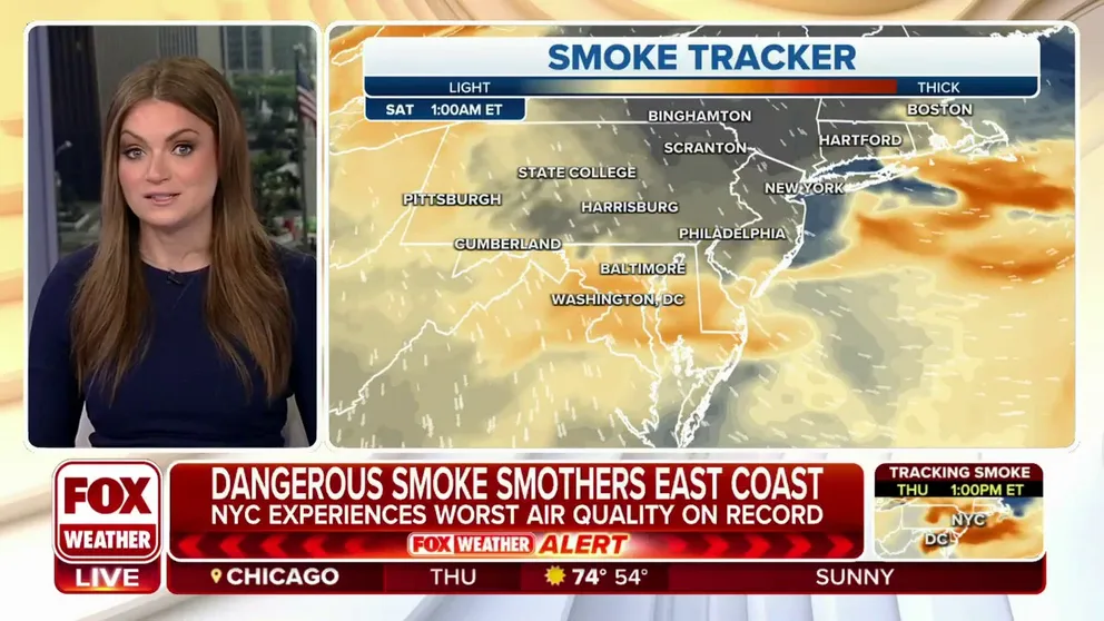 Air quality levels spiked to hazardous levels across the eastern half of the U.S. on Wednesday as smoke from wildfires billowed into the country. Millions of people across the region will again be at risk of experiencing the choking smoke before conditions improve this weekend.