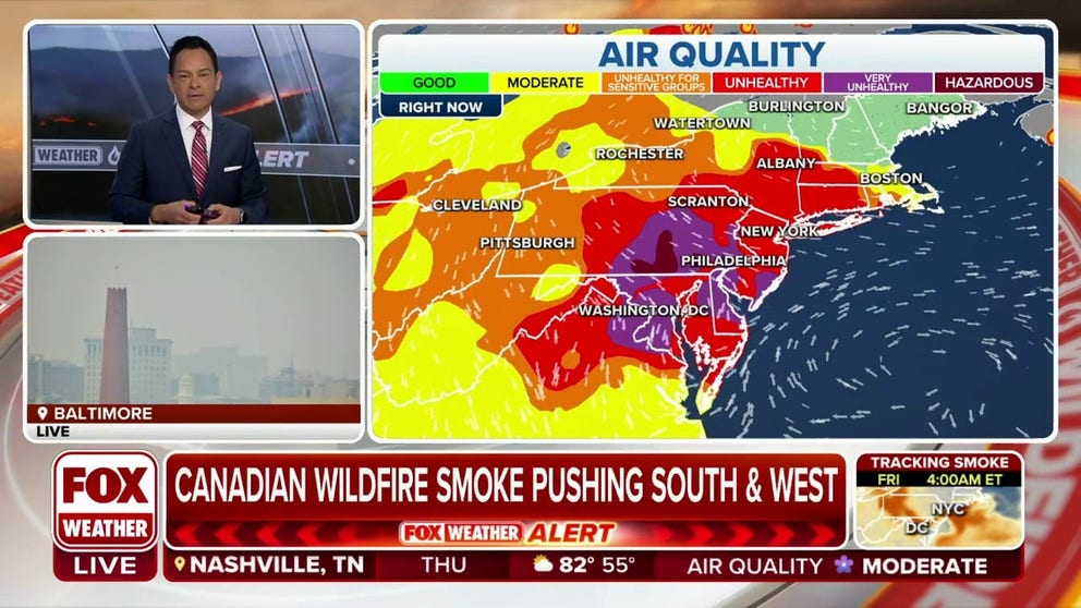 Thick smoke billowing into the United States from Canada is moving into Washington D.C. where Air Quality Alerts remain in effect across the area.