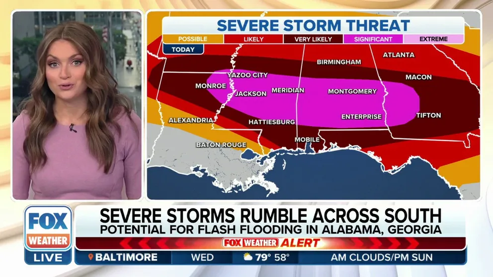 A rare June severe weather outbreak is expected Wednesday across the Southeast, where destructive winds, damaging hail and strong tornadoes are all possible.