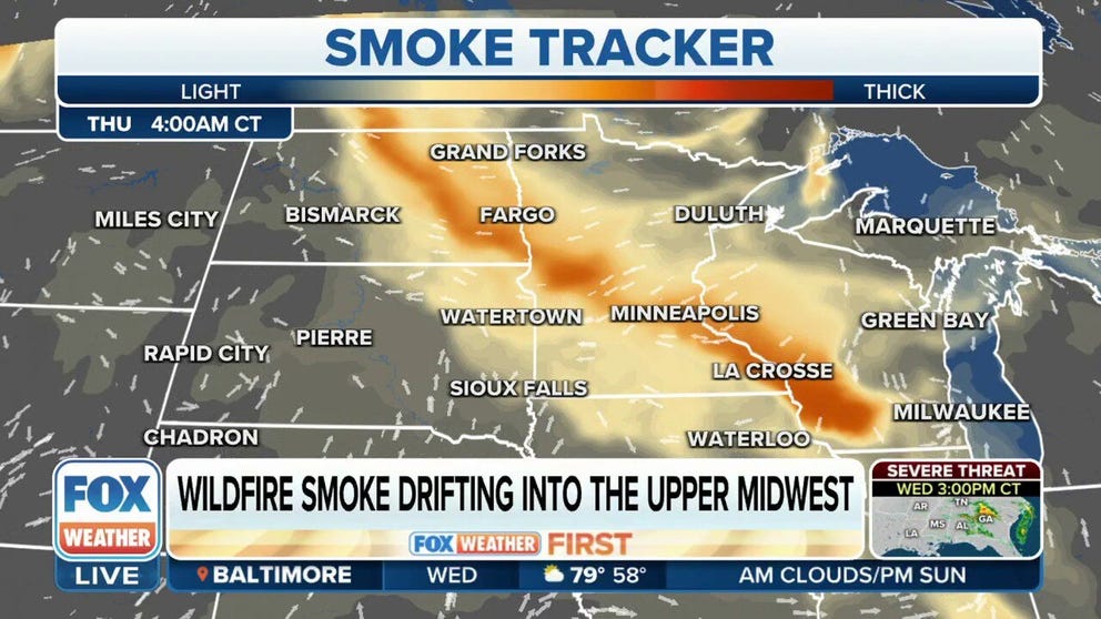 Smoke from Canada wildfires is creating unhealthy air quality in parts of Upper Midwest. Satellite imagery shows the plume of smoke will continue to move further into the U.S. later this week.