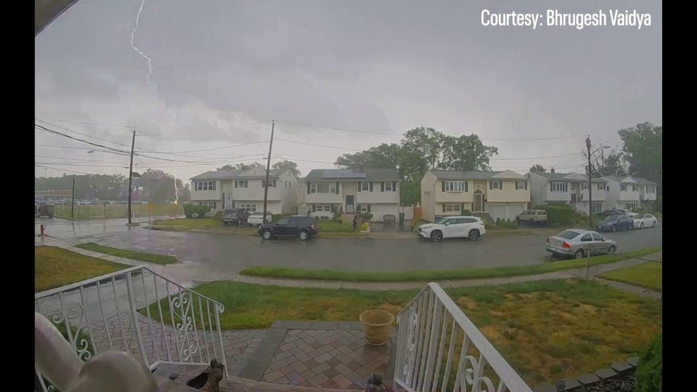 This doorbell video from Woodbridge Township, New Jersey, shows the moment a man striping a nearby soccer field was hit by lightning. Take a look to the left of the row of homes. Emergency crews revived him.