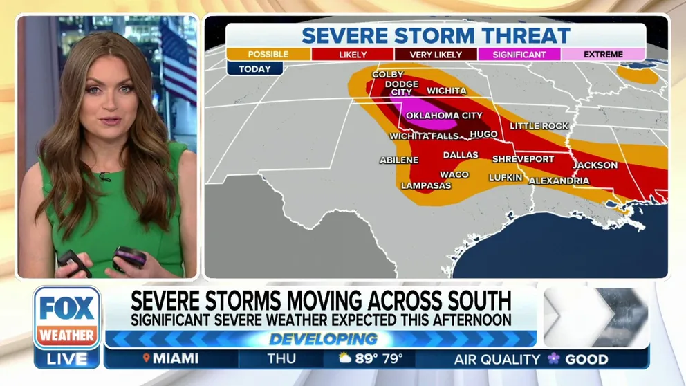Another round of severe weather is likely across the Plains and Southeast on Thursday as thunderstorms could spawn more tornadoes along with damaging wind gusts of 80 mph and hail as large as 3 inches in diameter.