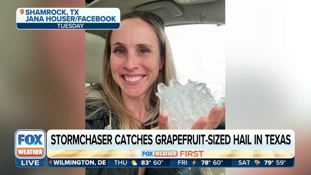 Jana Houser and two others were chasing storms in Texas when they came upon a road littered with massive hailstones, including one she measured using her iPhone as a reference at 5.5 inches in diameter. 