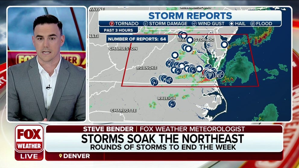 Powerful storms have brought damaging winds, hail and at least one reported tornado to the mid-Atlantic on Friday.