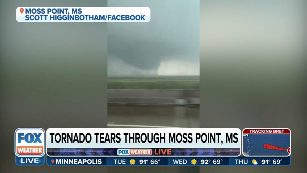 A possible tornado tore through Moss Point, Mississippi Monday. The Jackson County Sheriff told FOX Weather that so far the town suffered damage but no one injuries were reported. A group of residents was rescued after being trapped in a bank.