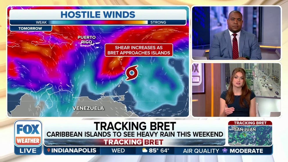Tropical Storm Bret is making its way toward the Lesser Antilles but once past there, Bret will find some challenges maintaining its strength, as FOX Weather's Britta Merwin and Jason Frazer explain.  