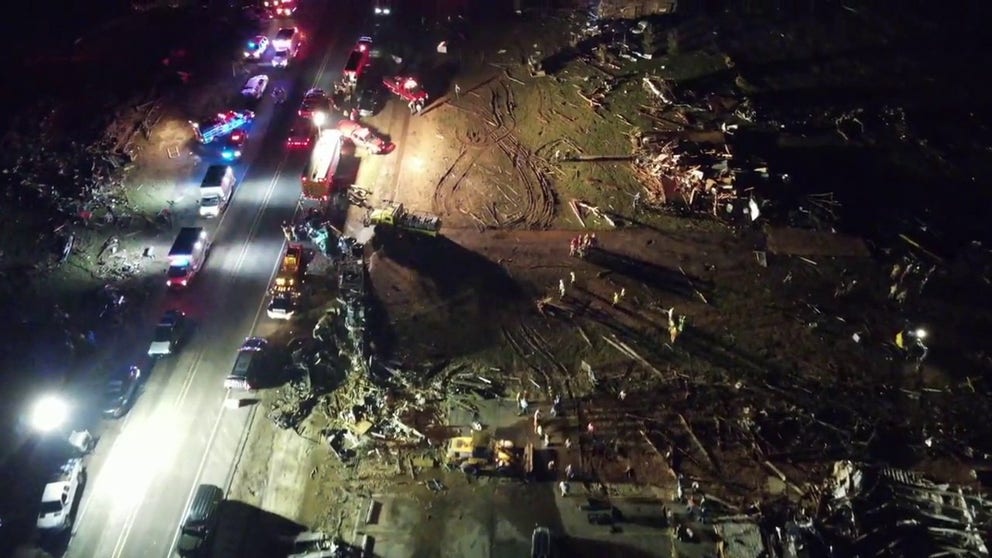 Lubbock Fire Rescue shared dramatic drone video showing extensive damage after a deadly tornado tore through the community of Matador, Texas, on Wednesday evening.