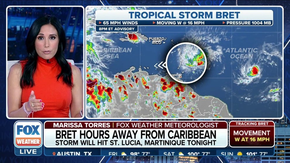 As of Thursday evening, Tropical Storm Bret was impacting islands in the eastern Caribbean. The cyclone was expected to dissipate over the weekend in the Caribbean Sea.