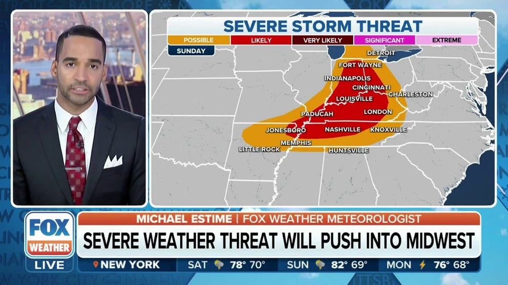 FOX Weather meteorologist Michael Estime is tracking the threat for storms in the Tennessee and Ohio valleys on Sunday. Storms will be capable of producing hail and damaging winds.