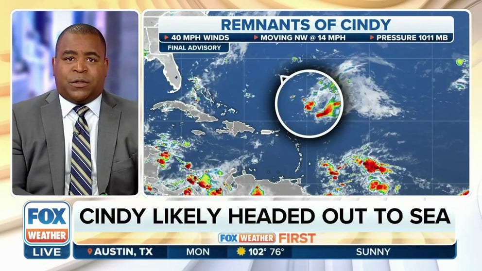 Tropical Storm Cindy dissipated Sunday night as it spun northeast of the Caribbean islands in the Atlantic Ocean.