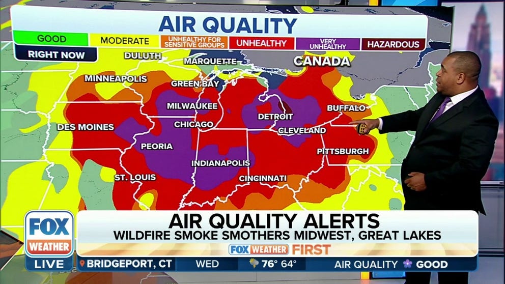 Unhealthy to very unhealthy air quality readings are widespread across the Great Lakes and Upper Midwest on Wednesday as smoke from wildfires burning in Canada continues to pour in across the border.