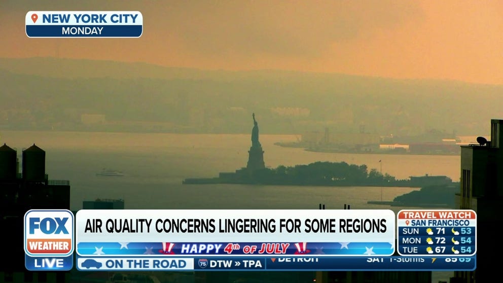 There was mild improvement along the Northeast's I-95 corridor Saturday morning, but as of late Saturday afternoon, millions of Americans remain under air quality alerts due to the wildfire smoke. July 1, 2023.