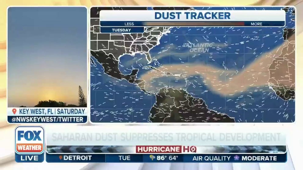 Saharan dust is being carried across the Atlantic to the Florida skies and, eventually, as far as Texas. Storms kick up dust in Africa sending it on its way to the U.S. mainland. The dust creates colorful sunrises and sunsets.