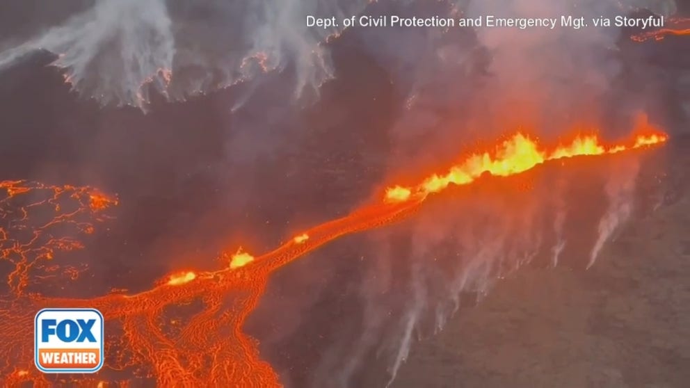 Footage released by the Department of Civil Protection and Emergency Management shows the volcanic eruption near Grindavik on Monday, July 10, 2023.