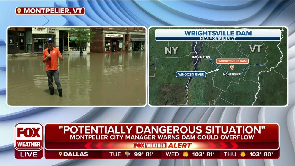 FOX Weather meteorologist Ian Oliver is live in Montpelier, Vermont, amid historic and catastrophic flooding across the state. Officials warn a local dam is about 1 foot from its capacity, and if water begins to spill over it could lead to more flooding in the state's capital city.