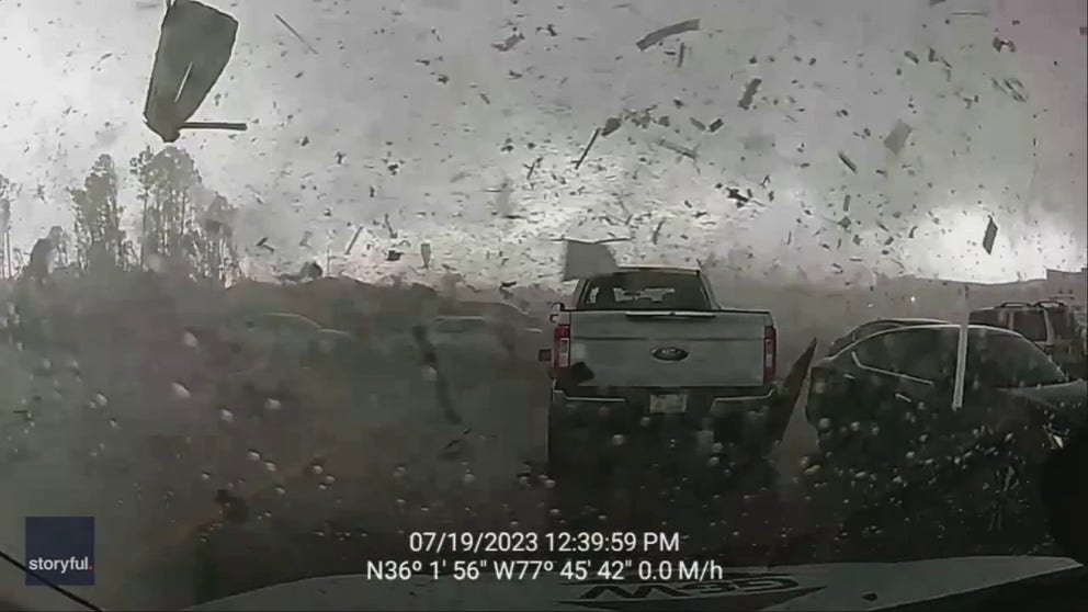 A dash cam captured the dramatic moment an EF-3 tornado ripped through the parking lot of a Pfizer facility in Rocky Mount, North Carolina, on July 19, 2023.