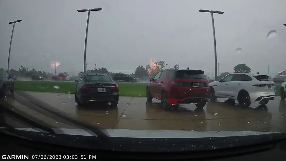 The FOX 2 Detroit news crew was covering the storm when a lightning strike directly in front of them took them by surprise. Listen to the shock of the man in the car.