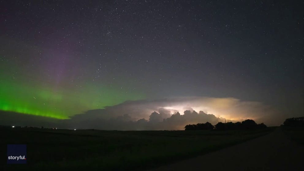 Timelapse video shows aurora lights dancing under the starry sky of Aneta, North Dakota, with lightning flashing from a large supercell. (Video: Elan Azriel via Storyful)