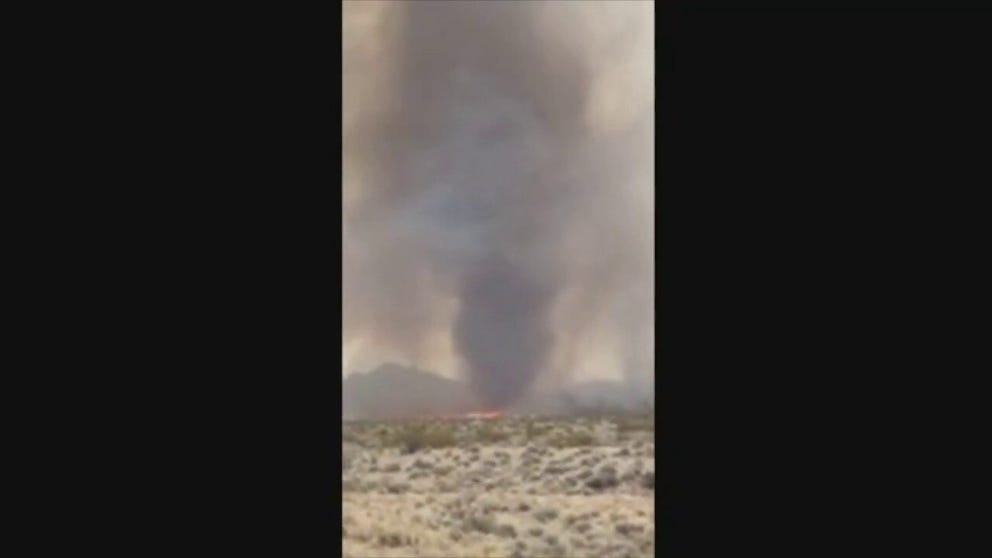 Cameras captured video of a massive fire whirl that was sweeping across the landscape inside California's Mojave National Preserve as the York Fire scorched the landscape.