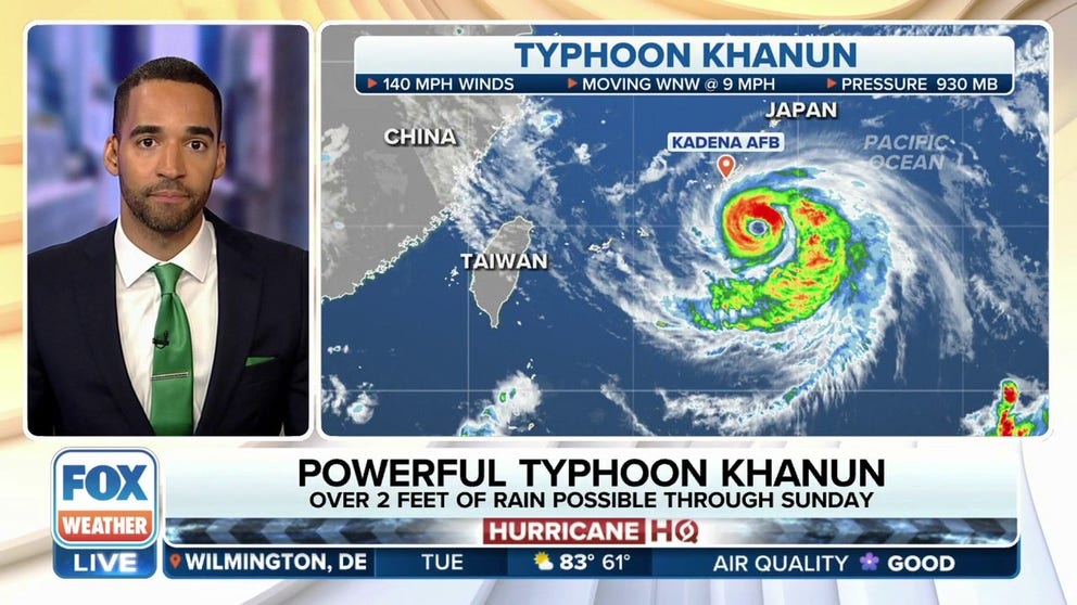 Sprawling Typhoon Khanun is on track to bring torrential rains and high winds to several of Japan’s Kyushu Islands, including Okinawa, and it may take awhile to leave the region.