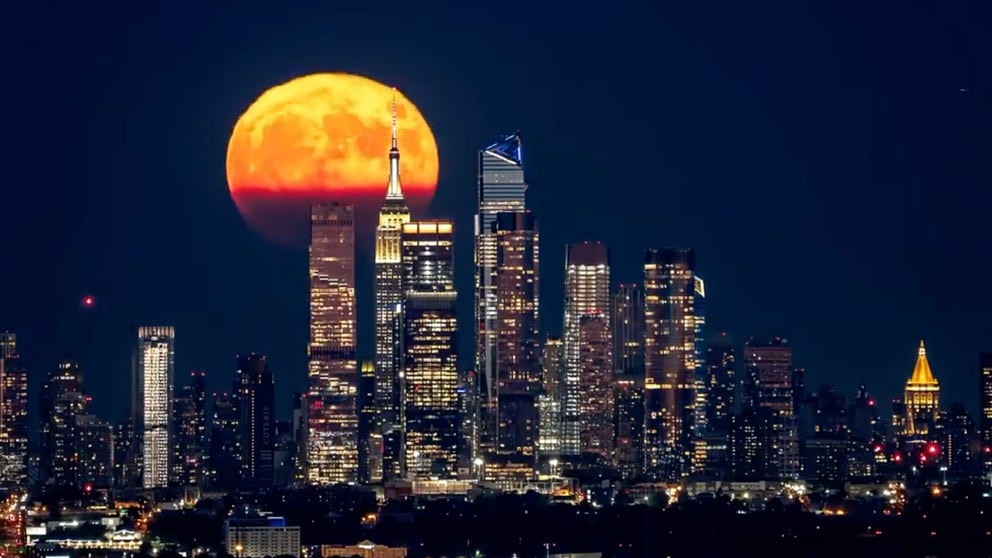 Video shows the Sturgeon Supermoon rising over New York City on Aug. 1, 2023. It's the first of two full moons in August. (Video by @dantvusa/Twitter)