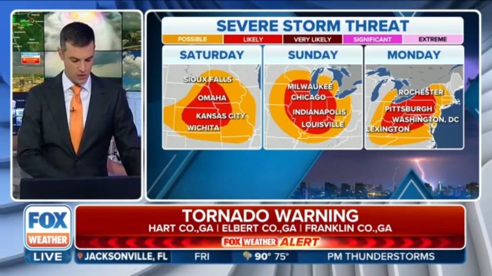 The FOX Forecast Center is tracking rounds of severe storms that are expected to develop on Saturday across the Plains and work eastward through the weekend. The Ohio Valley will be the target on Sunday and storms will push into the Northeast on Monday.