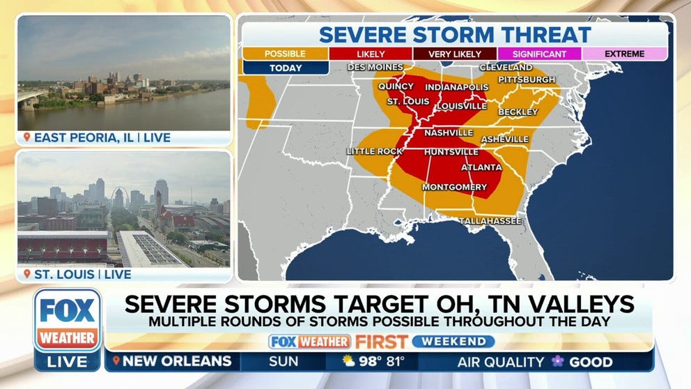 Severe thunderstorms capable of producing large hail, damaging wind gusts and possible tornadoes could impact more than 30 million people from the Ohio and Tennessee valleys into the Southeast on Sunday.