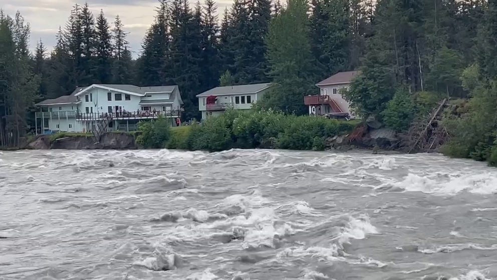 Water is seen rushing down the Mendenhall River in Alaska after a major release of water within the Mendenhall Glacier - one of Alaska's top tourist destinations. Aug. 2023.
