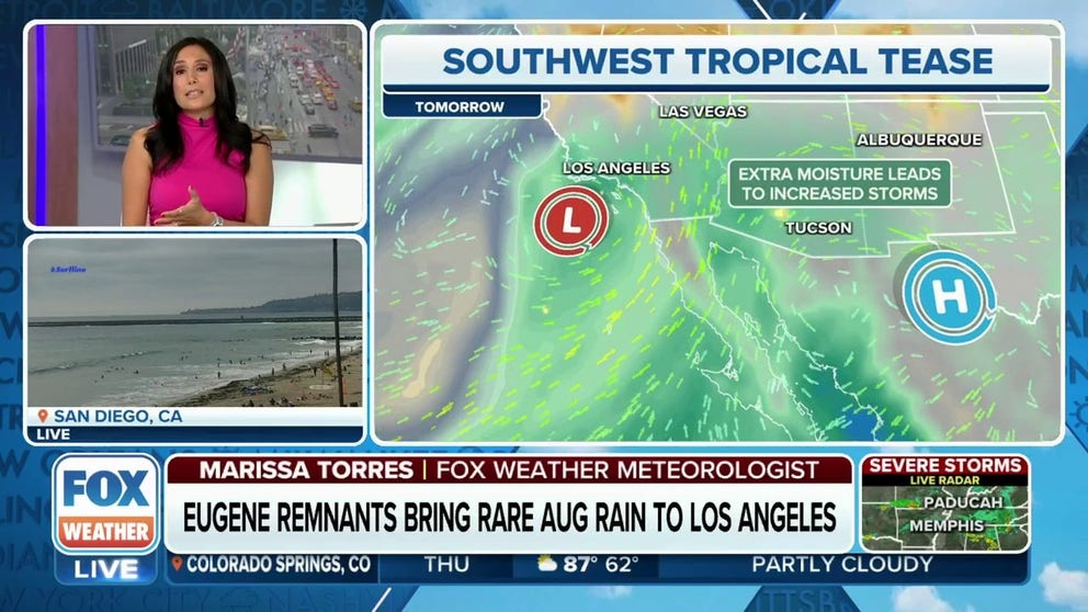 L.A. is seeing August rain for the first time since 2014 along with the remnants of Tropical Storm Eugene. More moisture will spread into the Desert Southwest.