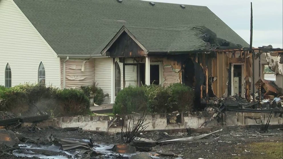 Fire crews in Massac County in southern Illinois worked to extinguish a fire at a local church after a lightning strike Monday morning.