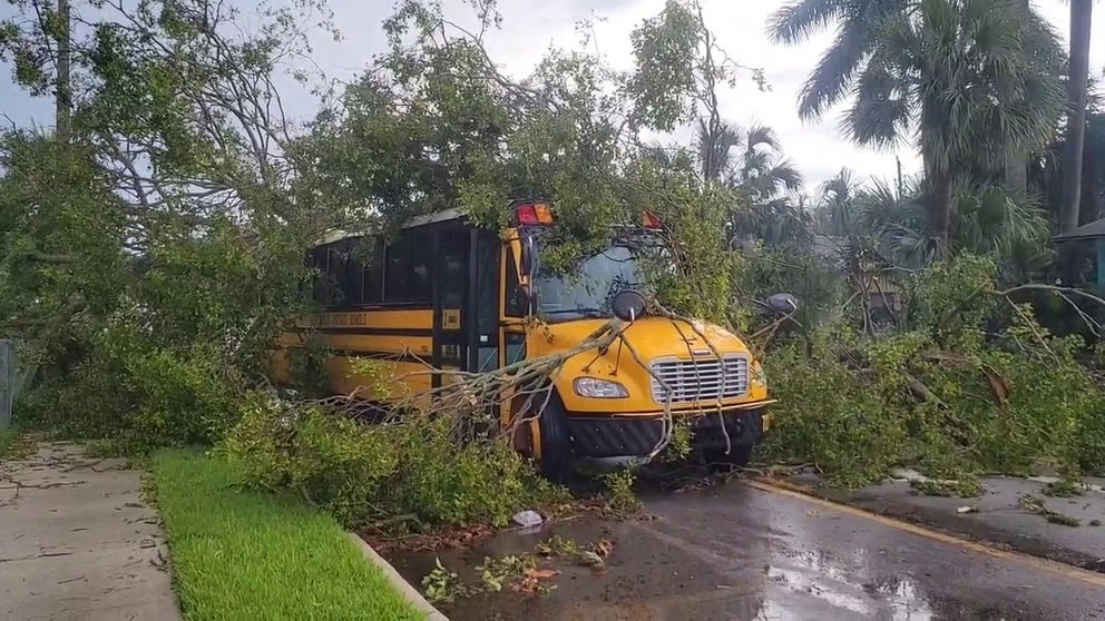 West Palm Beach Police shared this video of damages to a street in South Florida on Thursday after a tree crashed on top of a school bus during a thunderstorm. Police said all 20 children were safe.
