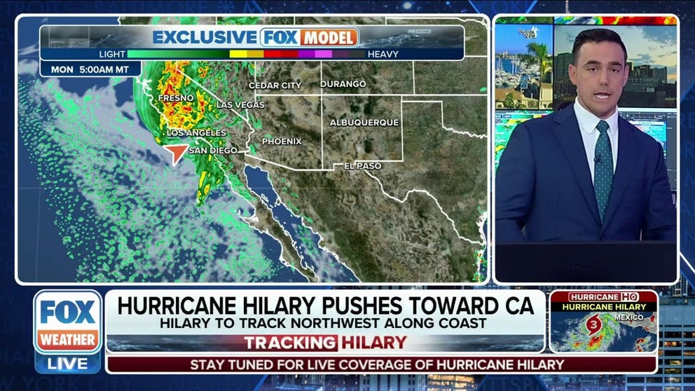 Hurricane Hillary, with winds of 120 mph, is now a Category 3 major hurricane. The forecast track takes it toward California -- a rare occurrence. FOX Weather tells us how much rain to expect.
