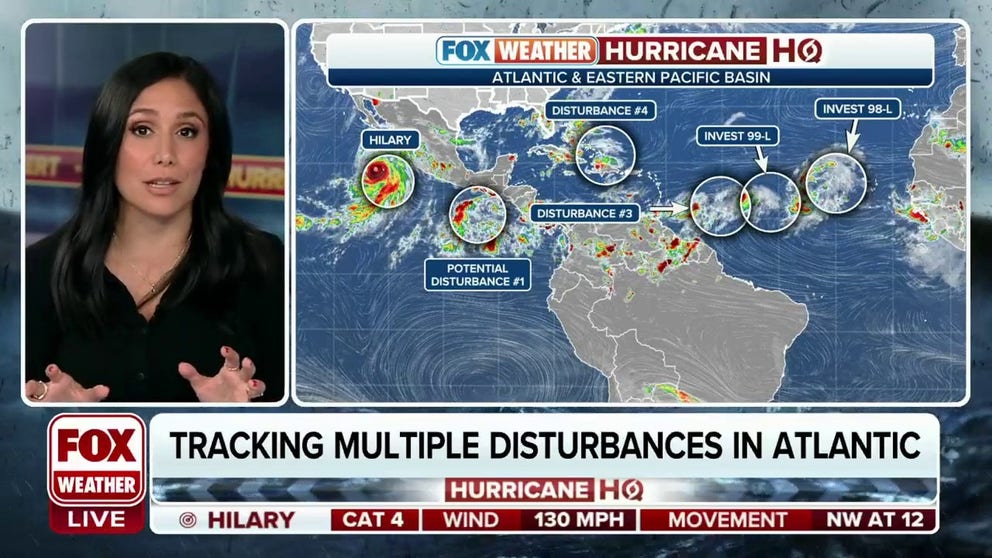 Known as Disturbance #4, Disturbance #3, Invest 99-L and Invest 98-L, four disturbances brew in the Atlantic Ocean as hurricane season nears its peak. August 18, 2023.