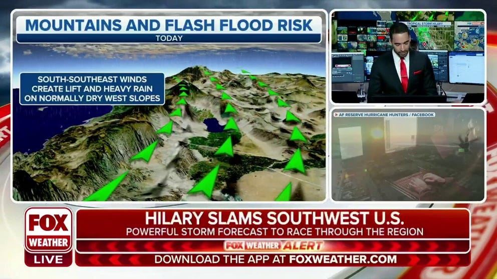 Meteorologist Michael Estime shows us how much rain has already fallen across inland California and the rain still to come. California's unique geography is ringing out the storm's moisture against mountains, flooding desert towns.