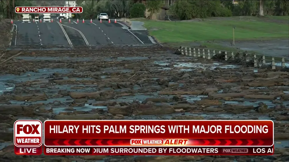 FOX Weather correspondent Nicole Valdes is in Rancho Mirage, California, where significant flooding overwhelmed a bridge on a major road connecting Palm Springs and Palm Desert on Sunday, leaving behind piles of mud and debris.