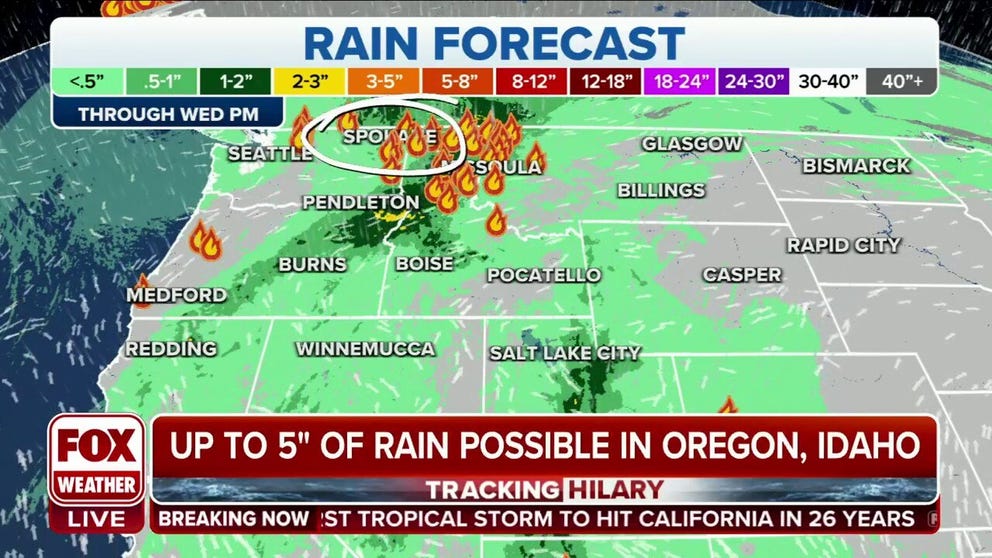 Flood Watches are in effect for parts of Oregon, Washington and Idaho as a batch of heavy rains moves into the inland Northwest due to the remnants of Tropical Storm Hilary.