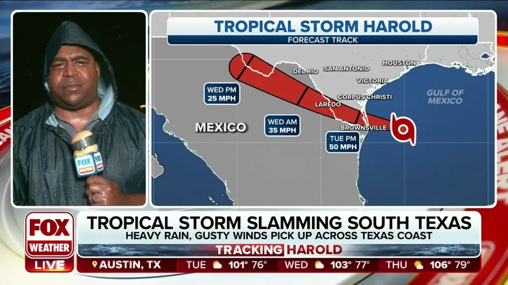 Tropical Storm Harold is on a path toward South Texas where it’s expected to make landfall on Tuesday. The storm is slamming southern parts of the state with heavy rain and gusty winds.