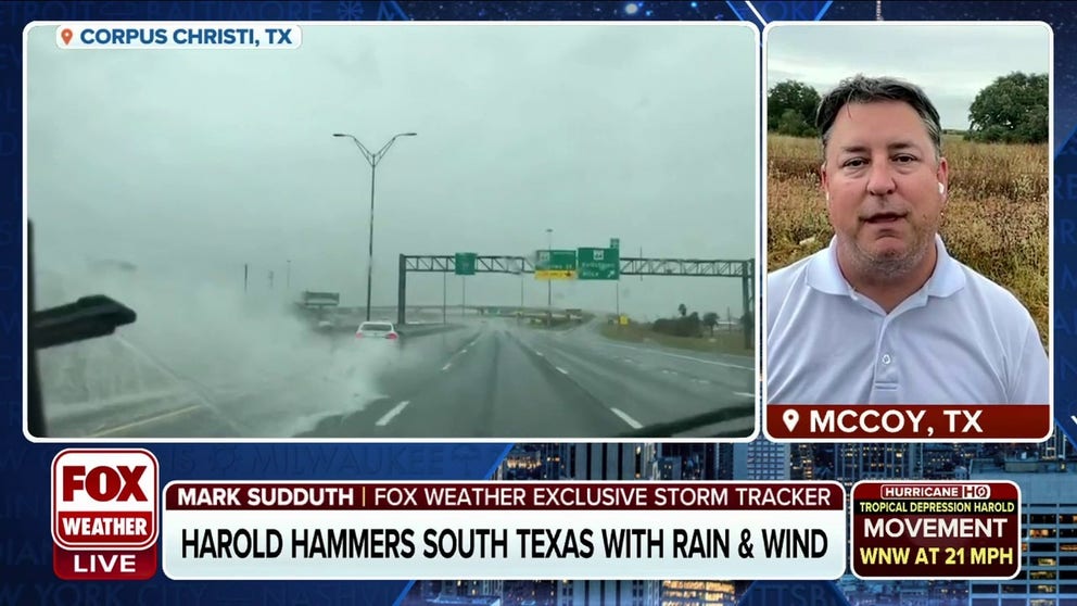 FOX Weather's Exclusive Storm Tracker Mark Suddath caught a car hydroplaning and spinning out in between live reports.