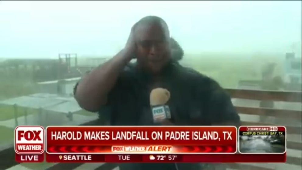 Meteorologist Jason Frazer stood up to the winds and the rain as Tropical Storm Harold made landfall. 