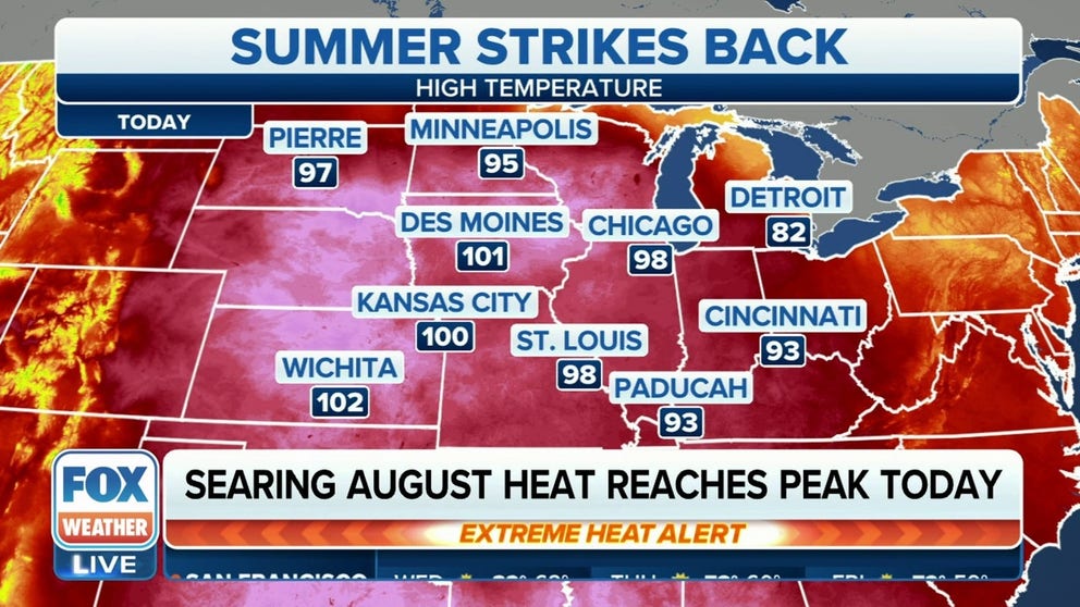 A late-summer heat wave is baking parts of the Midwest this week where some areas are seeing the hottest days of the season, and it’s so hot in some areas that schools are closed because they lack air conditioning.