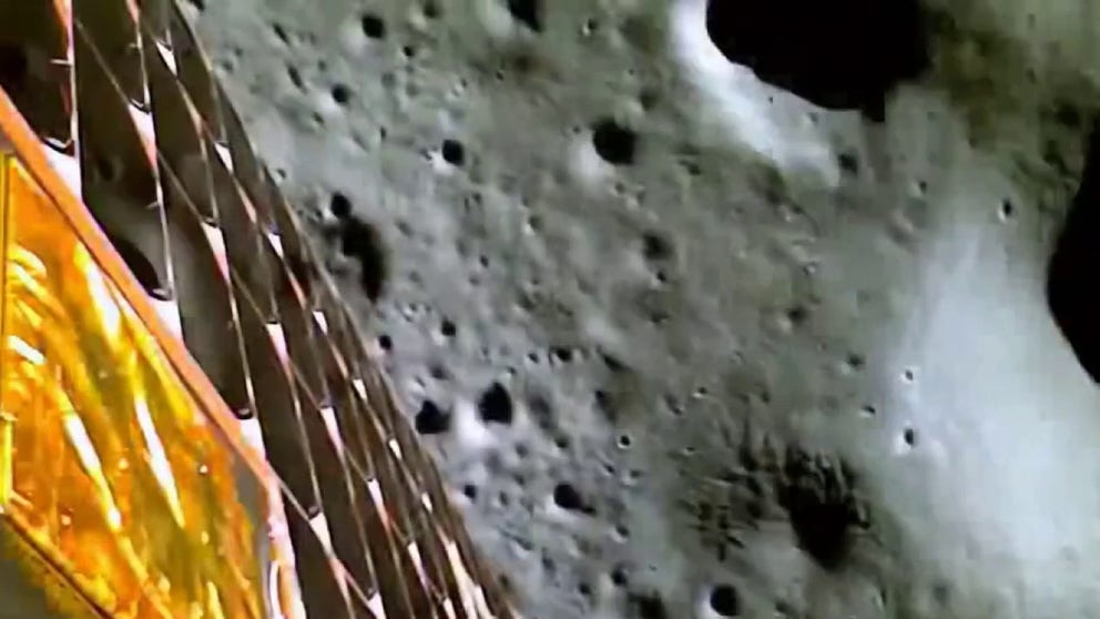 2023 FILE VIDEO: A video from the Indian Space Research Organisation's Chandrayaan-3 moon lander as it comes in for a soft landing on the lunar South Pole. (video credit: ISRO)