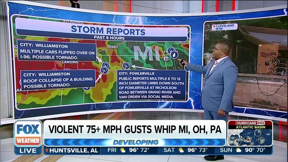 Damage reports covered Michigan, Ohio and Pennsylvania as a line of strong thunderstorms swept through the region Thursday night, bringing wind gusts of 70-75 mph.