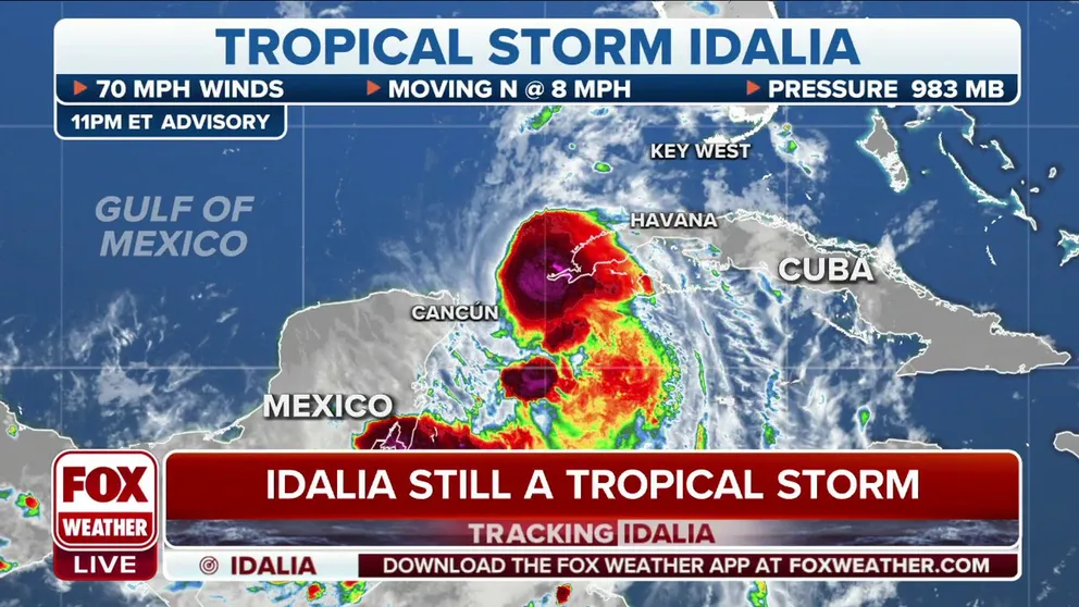 The NHC says there was no change between the 7 p.m. CT advisory and the 10 p.m. advisory. Idalia continues to linger near the western tip of Cuba. 