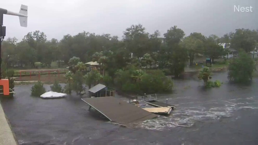 Video shows a boathouse collapsing during Hurricane Idalia in Steinhatchee, Florida on Wednesday, August 30, 2023.